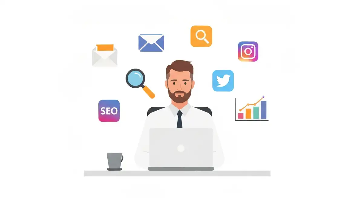 Zestaw narzędzi marketingowych dla małej firmy - email, SEO, social media i analytics na ekranie laptopa