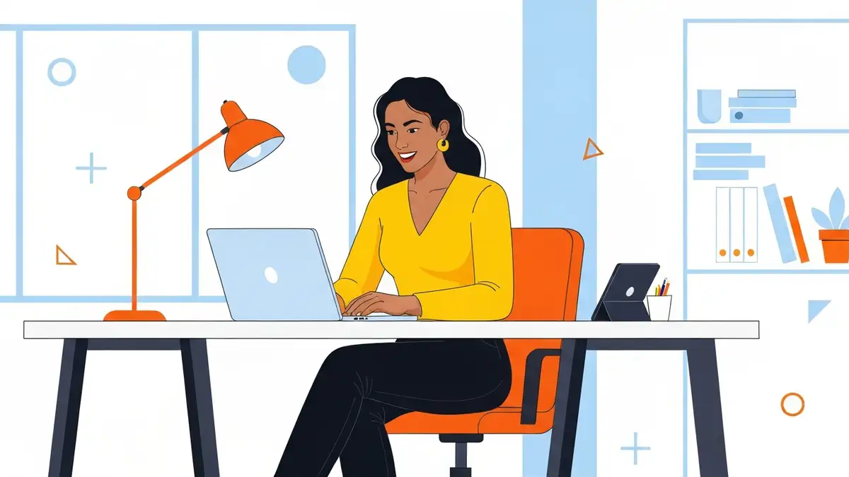 Freelancer pracuje na laptopie otoczony ikonami narzedzi SaaS – fakturowanie, CRM, komunikacja i zarzadzanie projektami w 2026 roku
