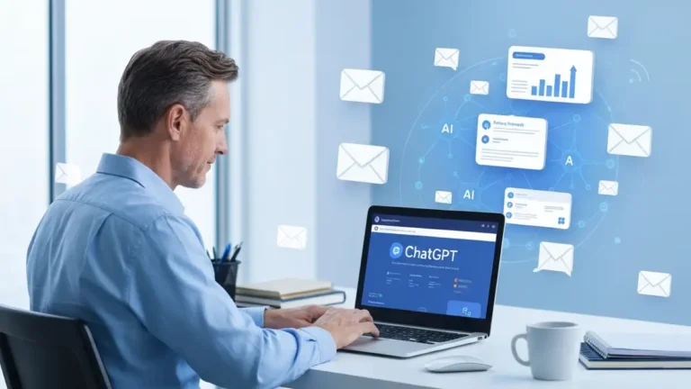 Specjalista od marketingu korzysta z ChatGPT i narzedzi AI do tworzenia kampanii reklamowych na laptopie