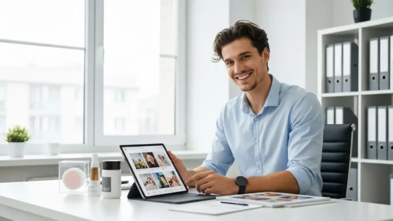 Wlasciciel malej firmy tworzy tresci na Instagramie na tablecie w nowoczesnym biurze