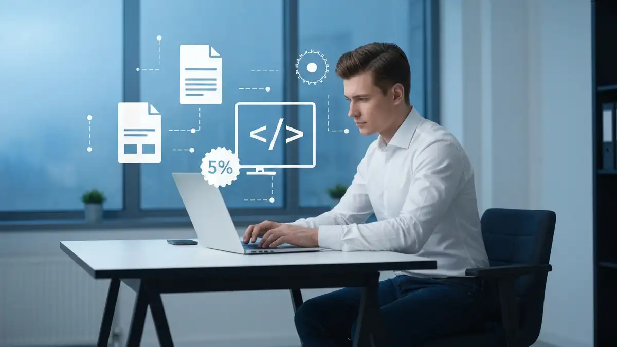 Programista pracujacy przy laptopie z wykresem oszczednosci podatkowych IP Box w Polsce