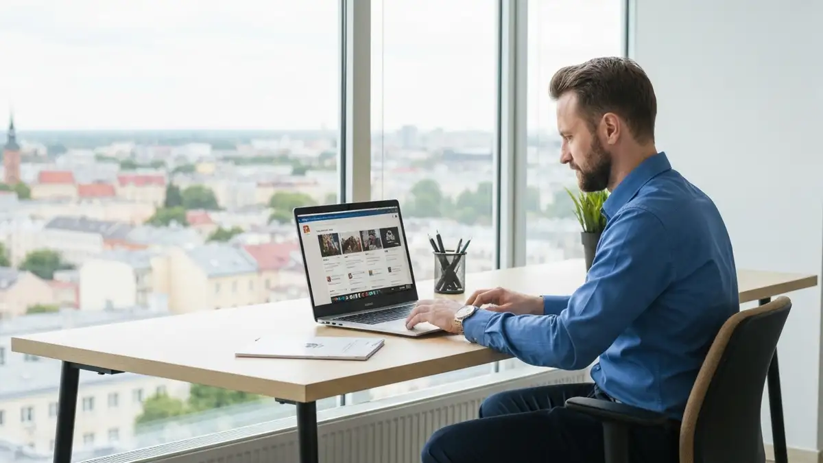 Osoba przegladajaca oferty pracy na laptopie przy biurku w nowoczesnym biurze, rok 2026