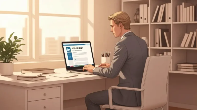 Osoba przegladajaca oferty pracy na laptopie z otwartym profilem LinkedIn