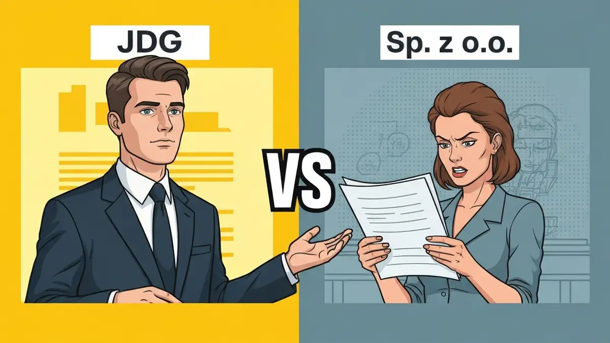 Porównanie JDG i spółki z o.o. – waga z dokumentami prawnymi i monetami na tle polskiego miasta