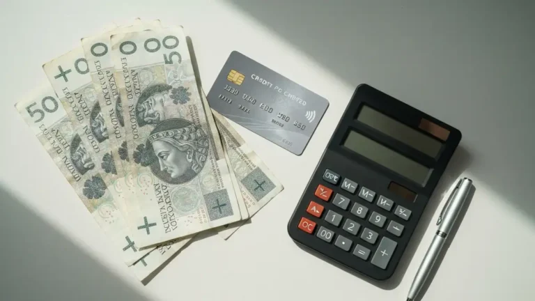 Porownanie kredytu gotowkowego i karty kredytowej – kalkulator, banknoty i karta platnicza na biurku