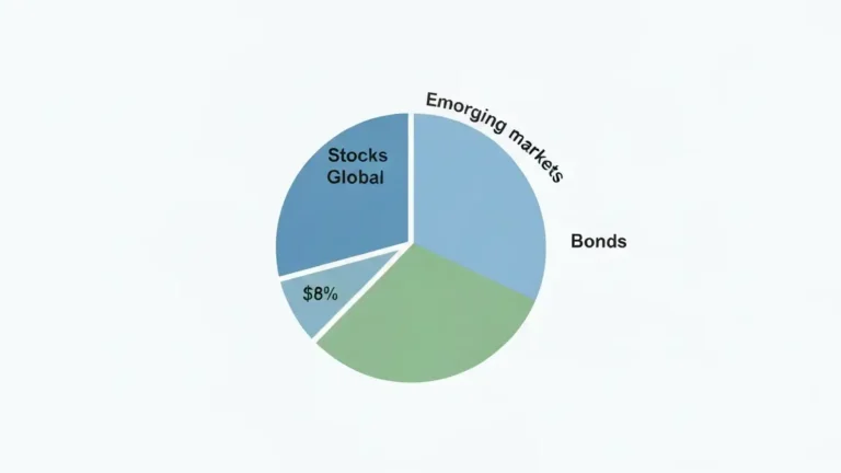 Schemat lazy portfolio z trzema klasami aktywów ETF przedstawiony jako prosty wykres kołowy na jasnym tle