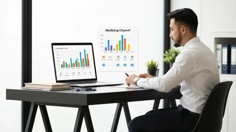 Właściciel małej firmy analizuje kanały marketingu online na laptopie przy biurku