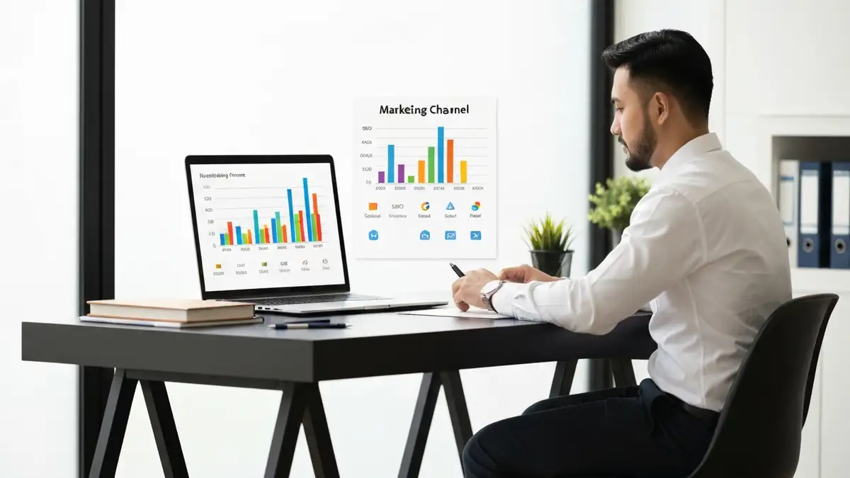Właściciel małej firmy analizuje kanały marketingu online na laptopie przy biurku