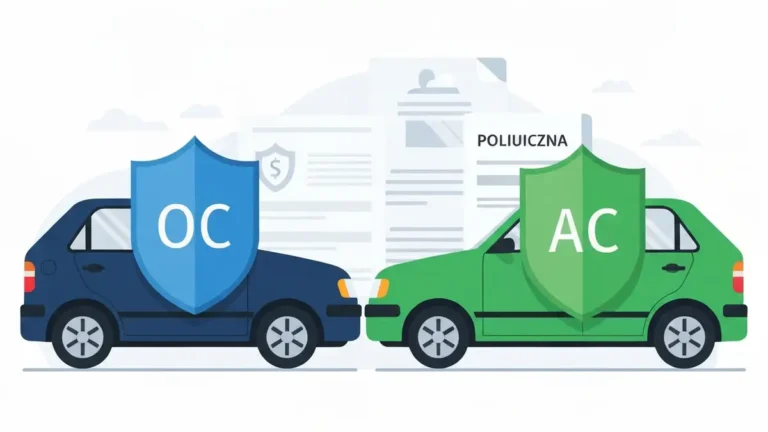 Porównanie ubezpieczenia OC i AC samochodu – tarcza ochronna nad autem na tle dokumentów polisy