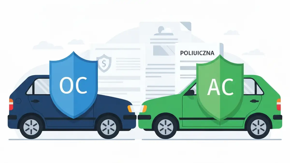 Porównanie ubezpieczenia OC i AC samochodu – tarcza ochronna nad autem na tle dokumentów polisy