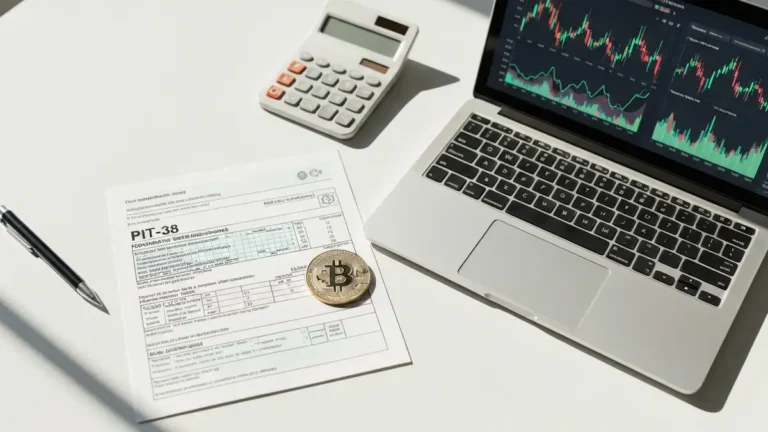 Rozliczenie PIT od kryptowalut - formularz PIT-38 i Bitcoin na biurku