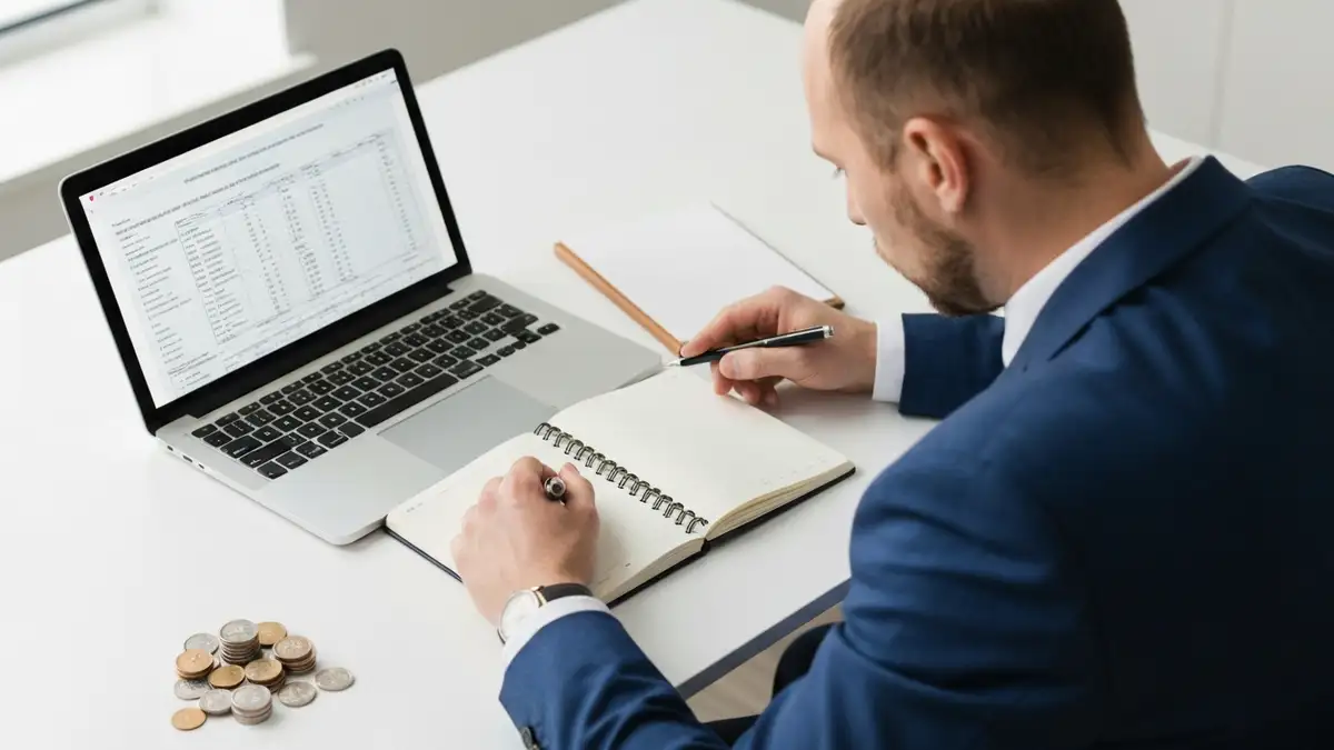 Inwestor oblicza podatek od dywidend zagranicznych na laptopie z formularzem PIT-38