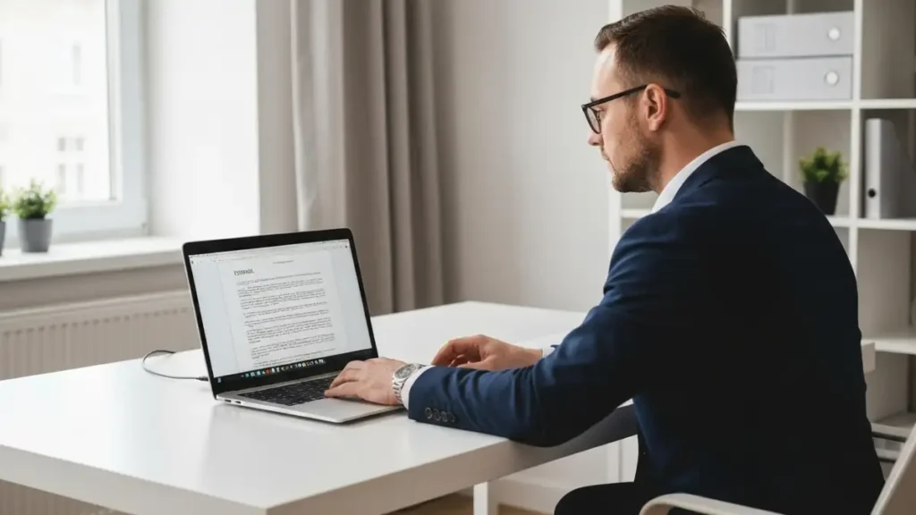 Pracownik przy biurku domowym przegladajacy przepisy Kodeksu pracy o pracy zdalnej na laptopie