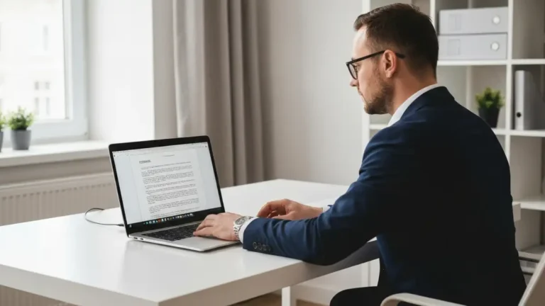 Pracownik przy biurku domowym przegladajacy przepisy Kodeksu pracy o pracy zdalnej na laptopie