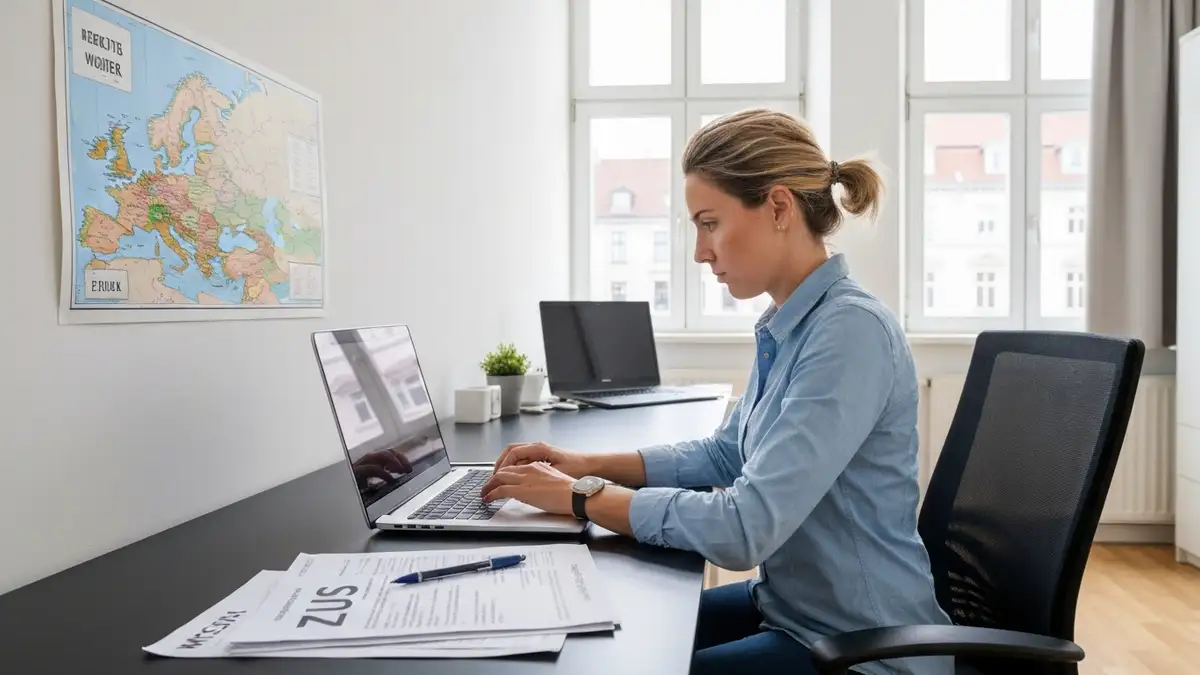 Pracownik pracujacy zdalnie na laptopie za granica z widoczna mapa Europy i dokumentami podatkowymi
