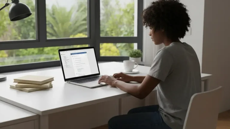Osoba ucząca się programowania na laptopie przy biurku z notatkami i kursem online otwartym na ekranie
