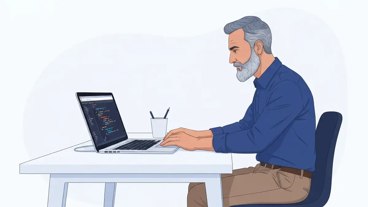 Programista przygotowujący się do rozmowy technicznej przy laptopie z kodem na ekranie
