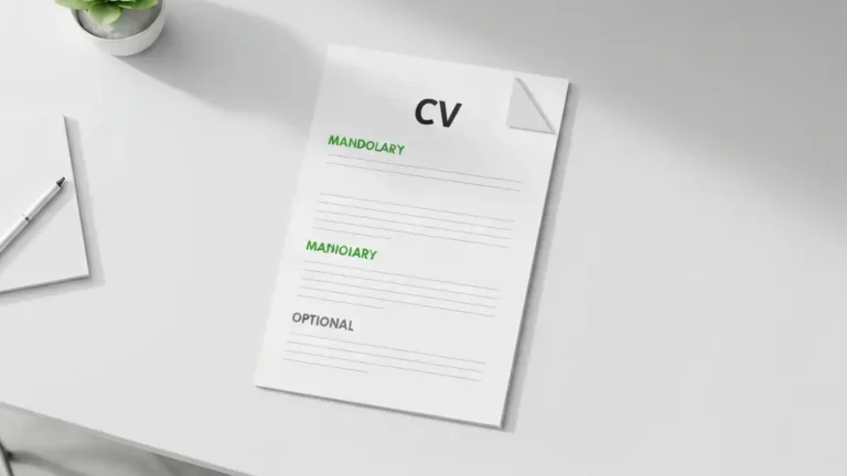 Wzorcowa struktura CV z zaznaczonymi sekcjami obowiazkow i opcjonalnymi na bialym tle