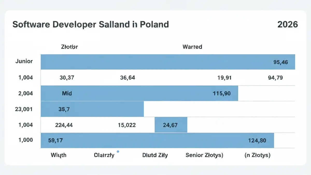 Wykres widełek wynagrodzen programisty w Polsce w 2026 roku wedlug doswiadczenia i technologii